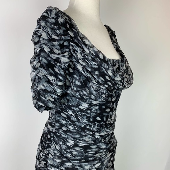 TADASHI SHOJI Draped Silk Sheath Dress Watercolor Black Gray White Scoop Neck 8 - Picture 7 of 10